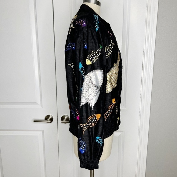 Vintage JA Resort Embroidered Black Silk Bomber Jacket Fish Sequins Sz Medium - Picture 5 of 8